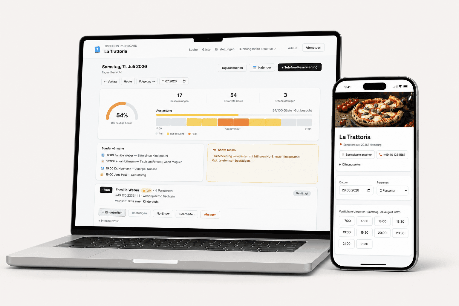 Tischlein Dashboard auf dem Laptop und Buchungsseite auf dem Smartphone